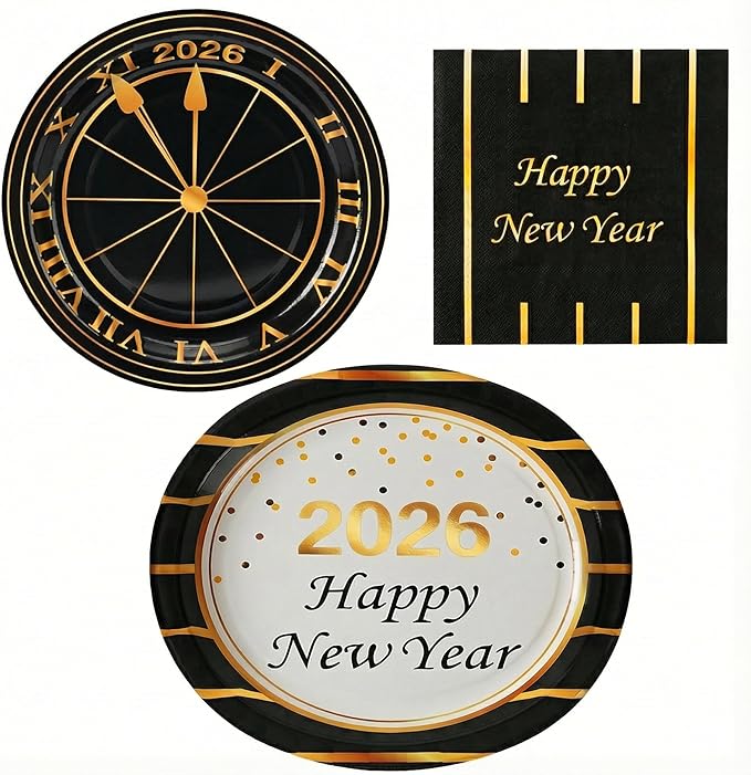 Dereinwo 100 PCS New Year Paper Plates and Napkins | Bundle Includes Paper Oval Dinner Plates Dessert Plates and Napkins for New Year Party Supplies
