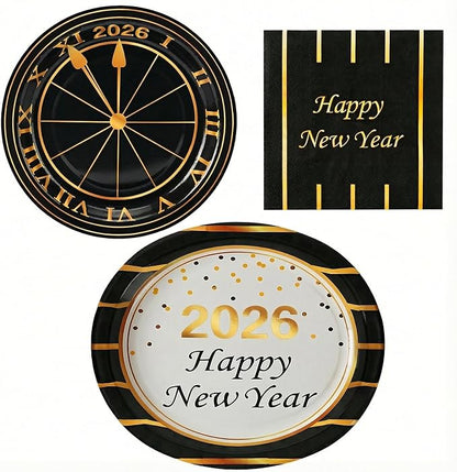 Dereinwo 100 PCS New Year Paper Plates and Napkins | Bundle Includes Paper Oval Dinner Plates Dessert Plates and Napkins for New Year Party Supplies
