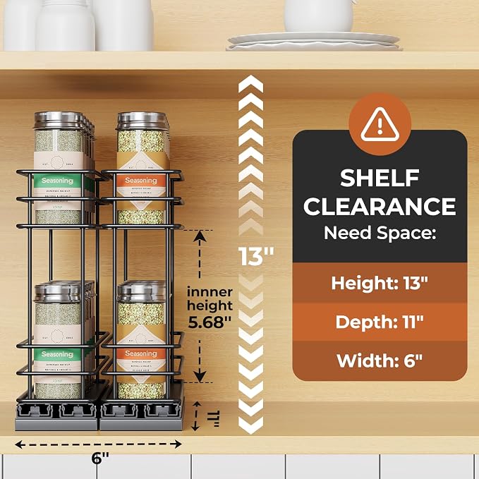 Mystozer Pull Out Spice Rack Organizer for Cabinet, Slide Out Spice Racks, Easy to Install Spice Cabinet Organizers, 5.2" Wx10.43 Dx8.26 H, 2 Packs 2 Tiers(Black)
