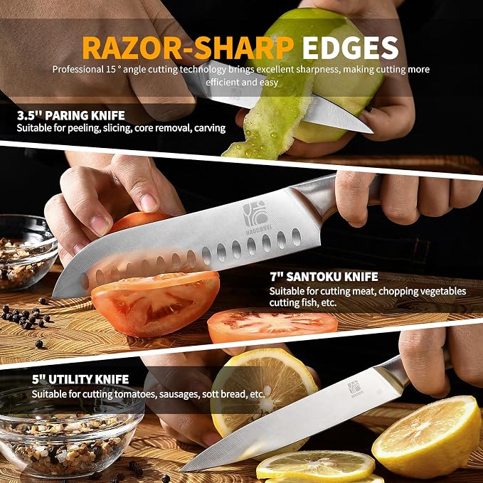 Premium Quality 14-Piece Knife Set with Block, Professional Chef Knife Set - Ultra-Sharp Kitchen Knives with Ergonomic Wood Handle, Ideal for Home, Outdoor, Camping, BBQ, and Gifts for Men