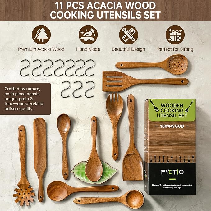 Wooden Utensil Set 11 Pcs - Natural Non-Toxic Acacia Wooden Spoons for Cooking, Nonstick, Sturdy, Easy to Clean, Wood Kitchen Utensils Set with Ceramic Spoon Rest & 10 Hooks, Ideal for Gifting