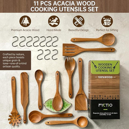 Wooden Utensil Set 11 Pcs - Natural Non-Toxic Acacia Wooden Spoons for Cooking, Nonstick, Sturdy, Easy to Clean, Wood Kitchen Utensils Set with Ceramic Spoon Rest & 10 Hooks, Ideal for Gifting