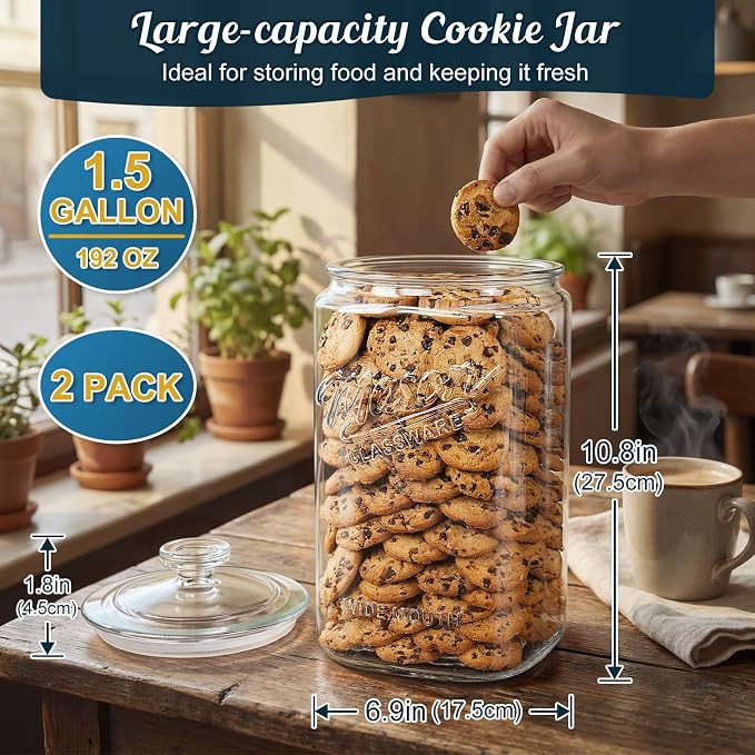 [NEW] Cookie Jars with Lids Airtight, 1.5 Gallon Large Glass Jar with Lid & Scale Mark, Heavy Duty Glass Canisters for Kitchen Counter, Pantry, Wide Mouth Mason Jar for Sugar, Dog Treat-2 PCS