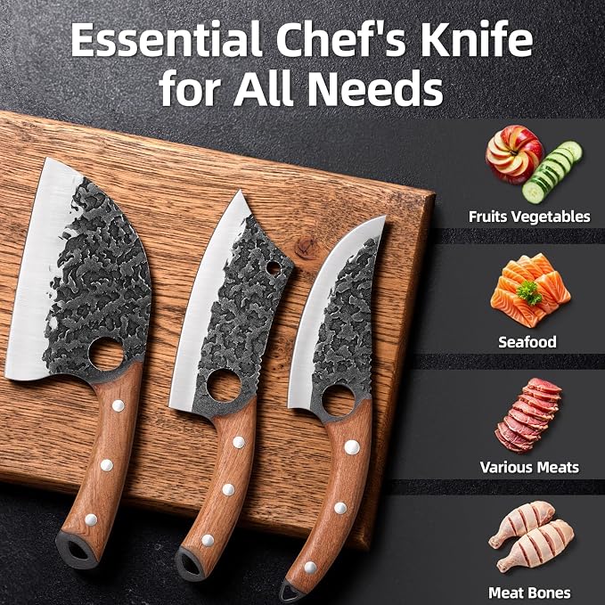 Fathers Day Gift for Men Dad, 3PCS Butcher Knife Set, Hand Forged Serbian Chef Knives & Meat Cleaver & Viking Knives, Meat Cutting Kitchen Knife Set for Home, Outdoor Cooking, Camping BBQ