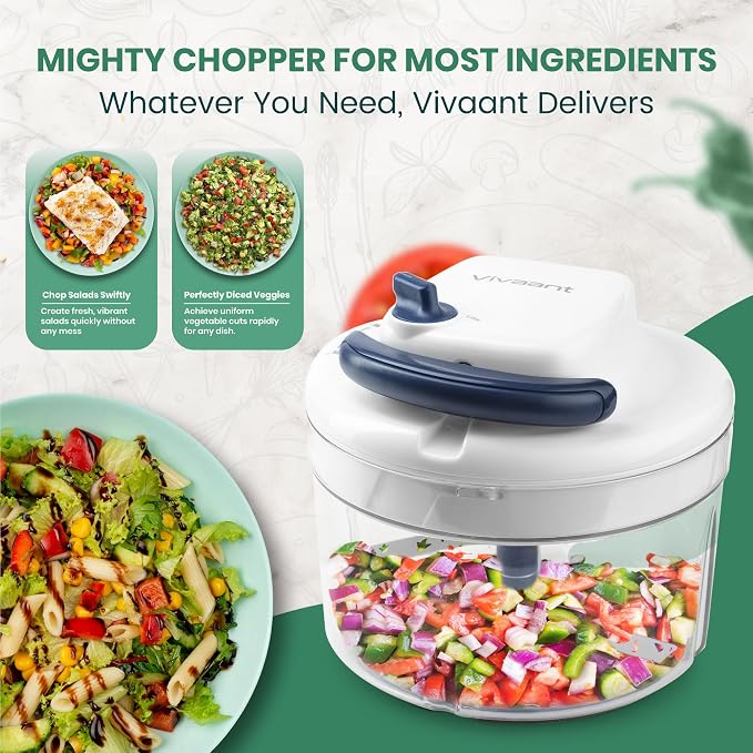 Vivaant Manual Food Processor - 5 Cup (1.2L) Capacity Hand Pull String Garlic Chopper, Manual Food Chopper with Pull Functionality, Pull Chopper and Vegetable Cutter for Effortless Cooking