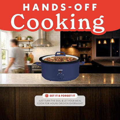 Gourmia Slow Cooker - 7 Quart Removable Ceramic Pot, Manual Controls with 3 Temperature Settings, Dishwasher Safe Crock and Glass Lid, Navy