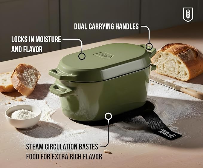 KooK Oval Loaf Shaped Cast Iron Dutch Oven for Bread Baking, 3.4 Qt Sourdough Dutch Oven with Lid, Enameled, Lid Lever, Dual Handles, Dishwasher Safe, 500°F, Sage Ombre
