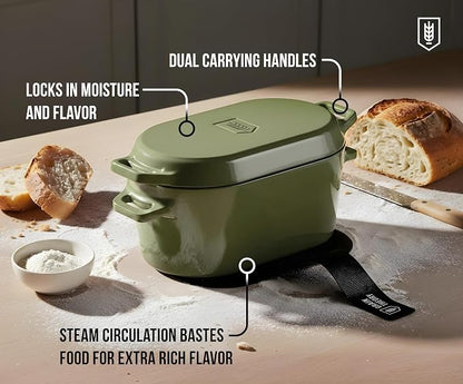KooK Oval Loaf Shaped Cast Iron Dutch Oven for Bread Baking, 3.4 Qt Sourdough Dutch Oven with Lid, Enameled, Lid Lever, Dual Handles, Dishwasher Safe, 500°F, Sage Ombre