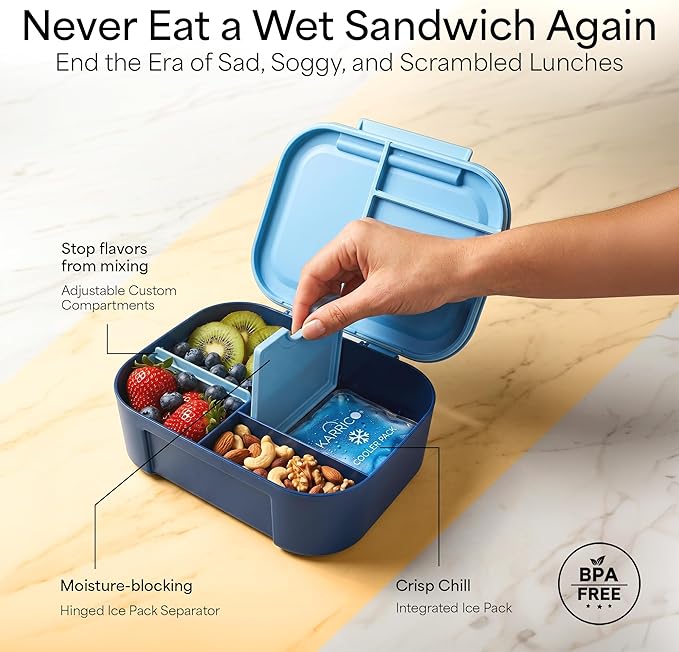 KARRICO Leakproof Lunch Box – 3-Compartment Bento Box, Cooler Pack & Adjustable Divider, Extra Large & BPA-Free – Dishwasher Safe, Ideal for On-the-Go Meals, Navy & Blue