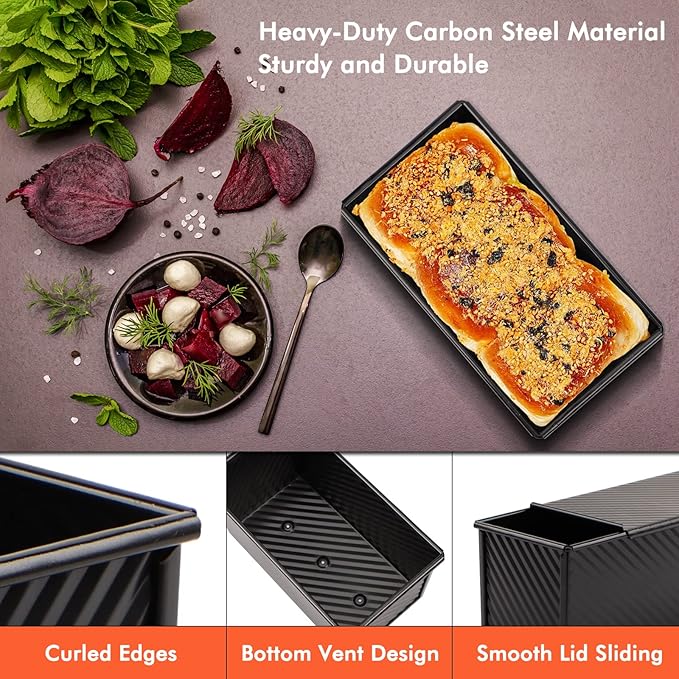 Beasea Pullman Loaf Pan with Lid, 2 Pack 1 lb Non-Stick Black Sandwich Bread Loaf Pans for Homemade Bread Carbon Steel Toast Box with Cover for Bakeware Toast Mold Oven Baking