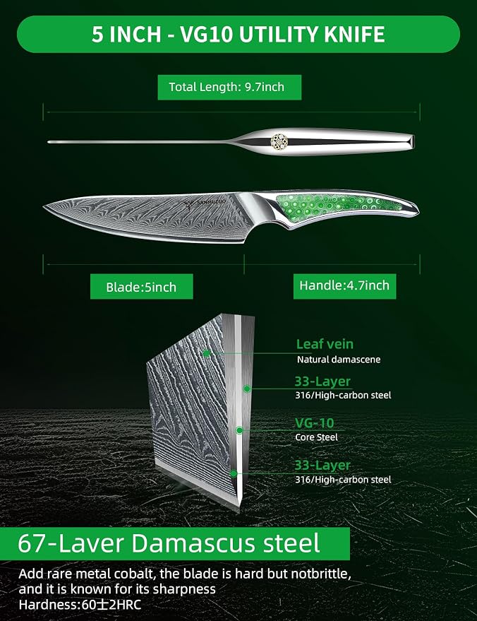 5 inch Utility Knife, Japanese VG-10 Damascus Steel Kitchen Knife, Ultra Sharp Fruit Knife with Full-tang Handle in Green Resin, LA-S9 Series