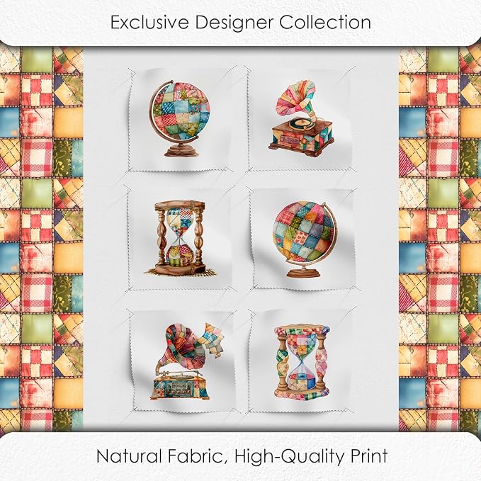 Patchwork Globe Cotton Fabric Panel – 6 Designs (10×10 inch Each) + Bonus Sheet 29.5×19.6 inch, 100% Cotton 140 GSM, Made in Türkiye