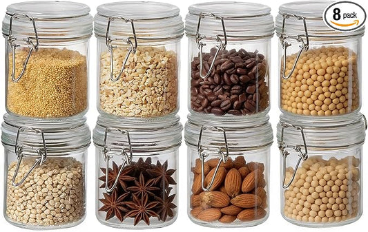 BJONKZ Glass Jars with Airtight Lids – Food Storage Containers with Preserving Seal Wire Clip Fatening, Glass Canisters for Kitchen Canning Flour, Cereal, Sugar, Beans (10oz*8)