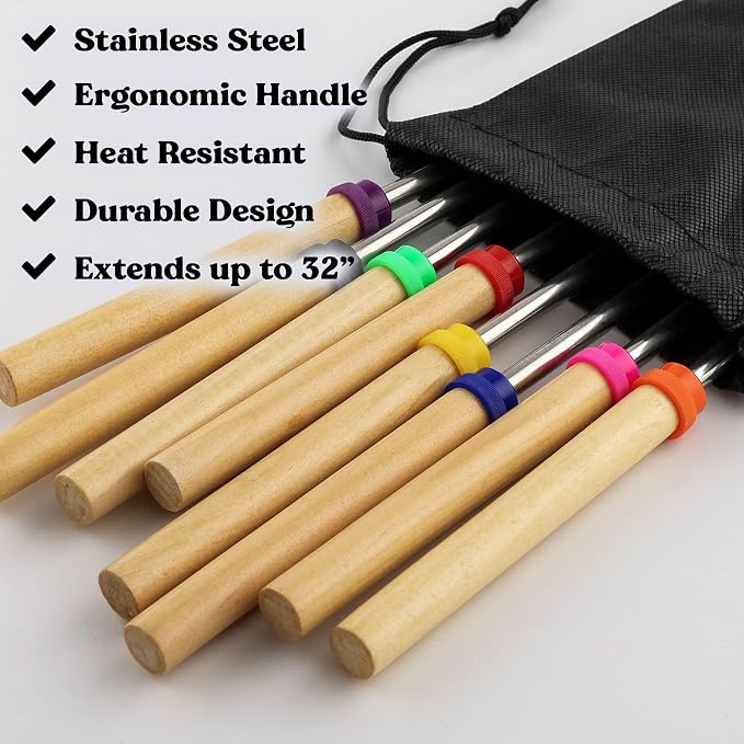 Zulay Kitchen Sturdy Marshmallow Sticks for Fire Pit Extra Long - Smores Sticks Smores Kit - Marshmallow Roasting Skewers - Hot Dog Fork Bonfire Glamping Camping Accessory 32" 8 Pack Bundle