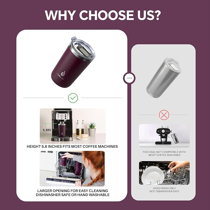 Ideus 20 oz Tumbler, Travel Coffee Mug with Splash Proof Sliding Lid, Double Wall Stainless Steel Vacuum Insulated Coffee Mug for Home and Office, Keep Beverages Hot or Cold, Red Violet