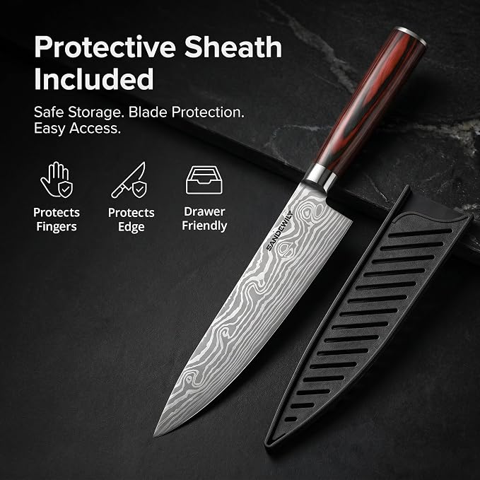 3-Piece Kitchen Knife Set, High Carbon Stainless Steel Sharp Knives with Sheaths - 8" Chef, 7.5" Kiritsuke, 5" Utility Knives for Home Cooks, Cooking, Meat & Vegetables