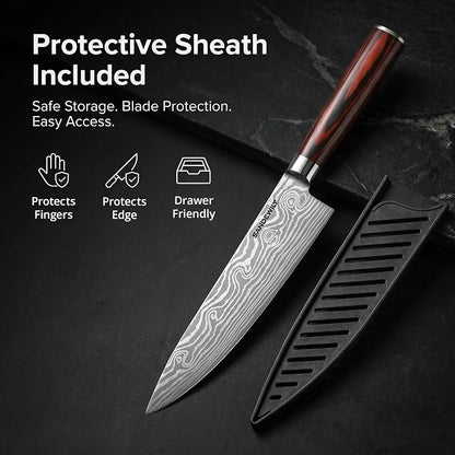 3-Piece Kitchen Knife Set, High Carbon Stainless Steel Sharp Knives with Sheaths - 8" Chef, 7.5" Kiritsuke, 5" Utility Knives for Home Cooks, Cooking, Meat & Vegetables