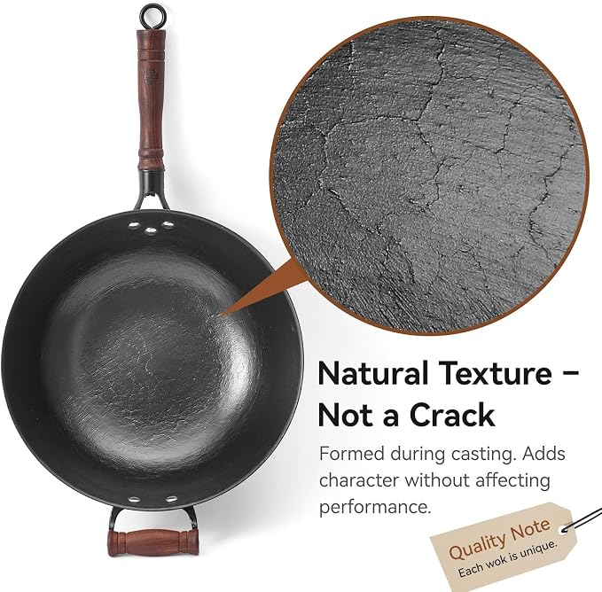 WANGYUANJI Cast Iron Wok Pan with Lid, 14.2 Inch Flat Bottom Uncoated Stir Fry Skillet, Large Heavy Duty Chinese Iron Pot for Family Cooking, Induction & Gas Safe