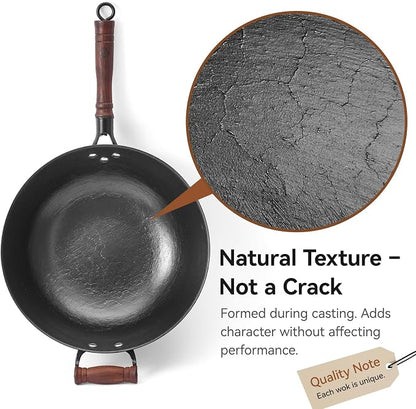 WANGYUANJI Cast Iron Wok Pan with Lid, 14.2 Inch Flat Bottom Uncoated Stir Fry Skillet, Large Heavy Duty Chinese Iron Pot for Family Cooking, Induction & Gas Safe