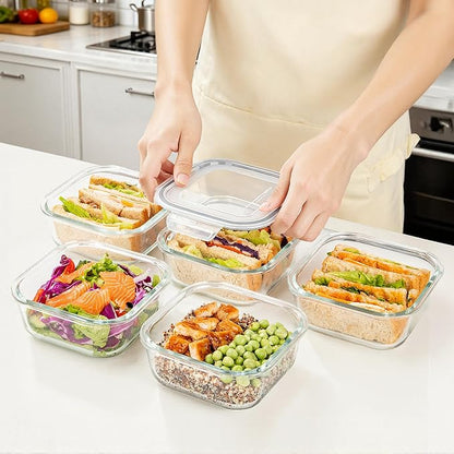 Vtopmart 5Pack 27oz Glass Storage Containers with Lids, Glass Meal Prep Food Container Sets, Sandwich Containers with Snap Airtight Lid for Microwave, Oven, Freezer and Dishwasher, Grey