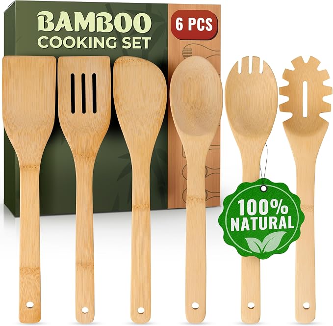 Bamboo Wooden Utensil Set, 6 Pcs - Nonstick Safe & Heat-Resistant Bamboo Utensils for Cooking - Easy to Clean & Sturdy Wooden Spoons for Cooking & Wood Spatula with Smooth Finish & Comfortable Handles