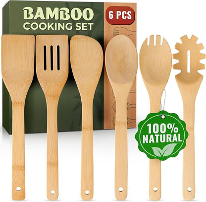 Bamboo Wooden Utensil Set, 6 Pcs - Nonstick Safe & Heat-Resistant Bamboo Utensils for Cooking - Easy to Clean & Sturdy Wooden Spoons for Cooking & Wood Spatula with Smooth Finish & Comfortable Handles