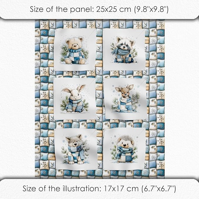Winter Animals Patchwork Quilting Fabric Panel – 6× (10×10 inch) Blocks + Bonus Patchwork Sheet 29.5×19.6 inch, 100% Cotton 140 GSM, Cozy Blue & Cream Woodland Theme