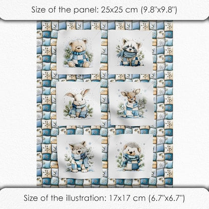 Winter Animals Patchwork Quilting Fabric Panel – 6× (10×10 inch) Blocks + Bonus Patchwork Sheet 29.5×19.6 inch, 100% Cotton 140 GSM, Cozy Blue & Cream Woodland Theme