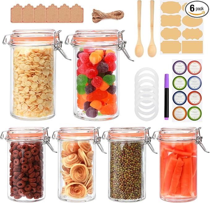 Flrolove 16 oz Glass Jars with Airtight Lid, Set of 6 Mason Jars 16 oz, Glass Storage Jars, Airtight Glass Jars, Canning Jar，Glass Canister with Seal for Pickle, Vanilla, Cookie, Jelly