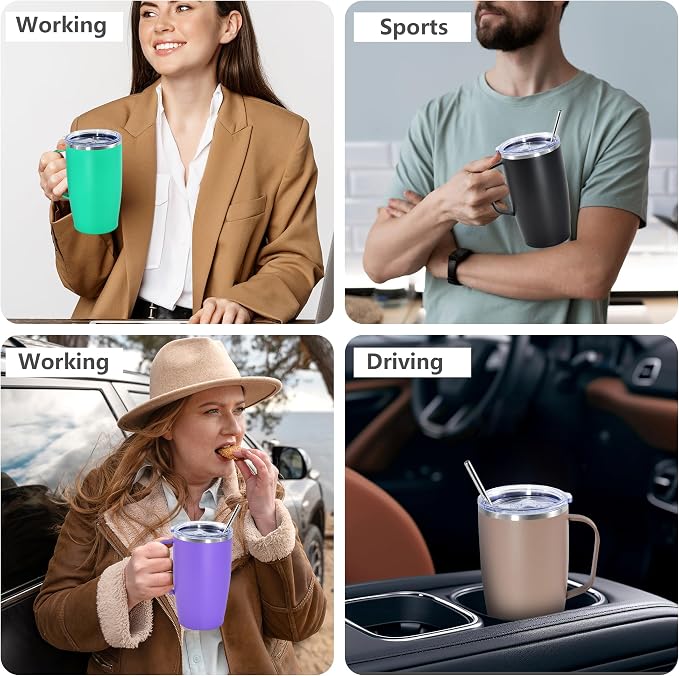 16oz Insulated Coffee Mug with Lid, 2Pack Stainless Steel Tumbler with Handle, Double Wall Vacuum Travel Coffee Mug with Handle for Working Travel Driving, Black&Moca