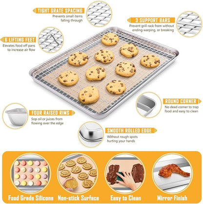 Toaster Oven Baking Sheet Set, E-far 10.5”x8.3” Small Stainless Steel Cookie Sheet Pan with Wire Rack & Silicone Mat for Cooking Broiling, Rimmed Metal Tray Roasting Cooling Bacon Steak