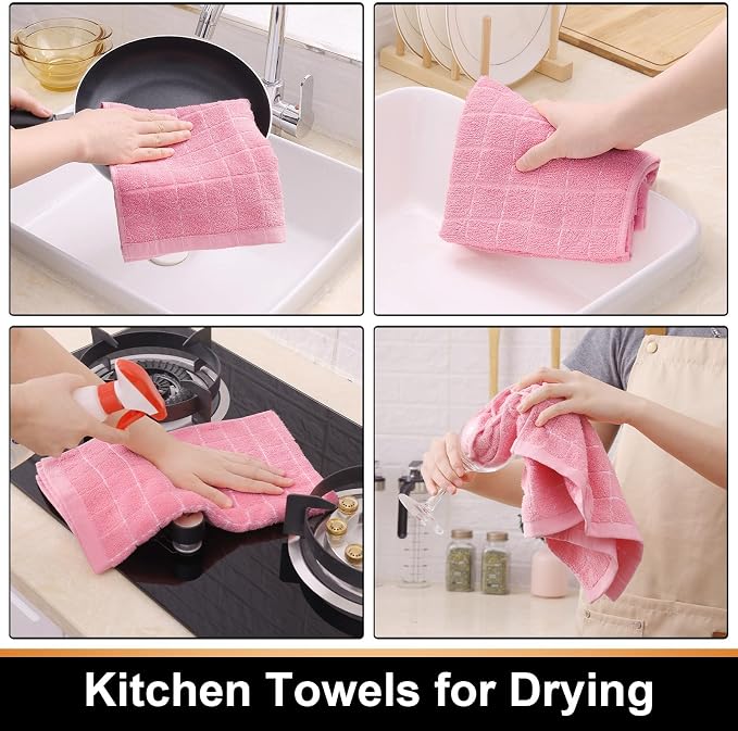 Mordimy 100% Cotton Terry Cloth Kitchen Towels, Super Soft and Absorbent Dish Towels for Drying, Checkered Designed Hand Towels for Kitchen, 16 x 26 Inches, 8 Pack, Pink