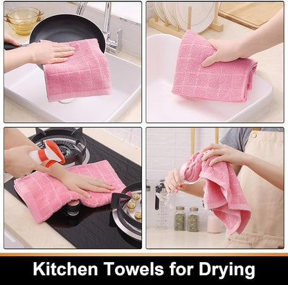 Mordimy 100% Cotton Terry Cloth Kitchen Towels, Super Soft and Absorbent Dish Towels for Drying, Checkered Designed Hand Towels for Kitchen, 16 x 26 Inches, 4 Pack, Pink