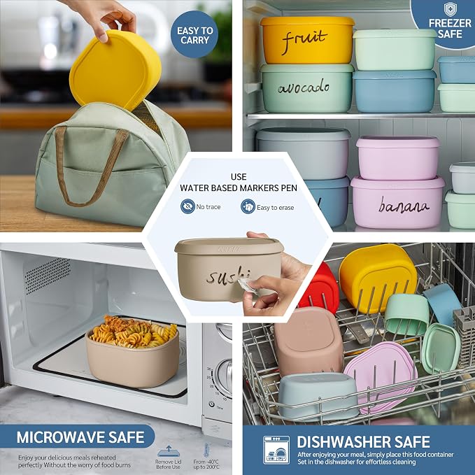 ISSEVE 6Pcs/Set Nesting Silicone Food Storage Containers with Lids, BPA Free Reusable Meal Prep Silicone Containers Lunch Box Bento Box Set (33.8oz, 20oz, 10oz, 6.7oz, 1.3oz) (Beige)