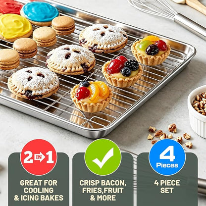 Baking Sheet with Rack Set (2 Pans + 2 Racks), 16 x 12 x 1 Inch Stainless Steel Cookie Sheet Baking Pan Tray with Cooling Rack, Jelly Roll Pan with Wire Rack, Warp Resistant & Heavy Duty & Rust Proof