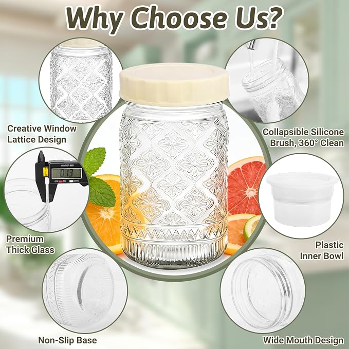 STARSIDE 4 Pack Glass Salad Jars with Plastic Lids Meal Prep, 32oz Mason Jars with Dressing Container, Leakproof Portable Salad Container for Lunch, Wet/Dry Separation Salad Pod for On-the-Go Meals