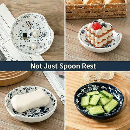 Spoon Rest Ceramic for Kitchen Counter, Spoon Holder Set of 4 large Sauce Dishes, Utensil Rest Small Plates, Cute spoon rest for Stove Top, Ladle, Cooking, Microwave & Dishwasher Safe