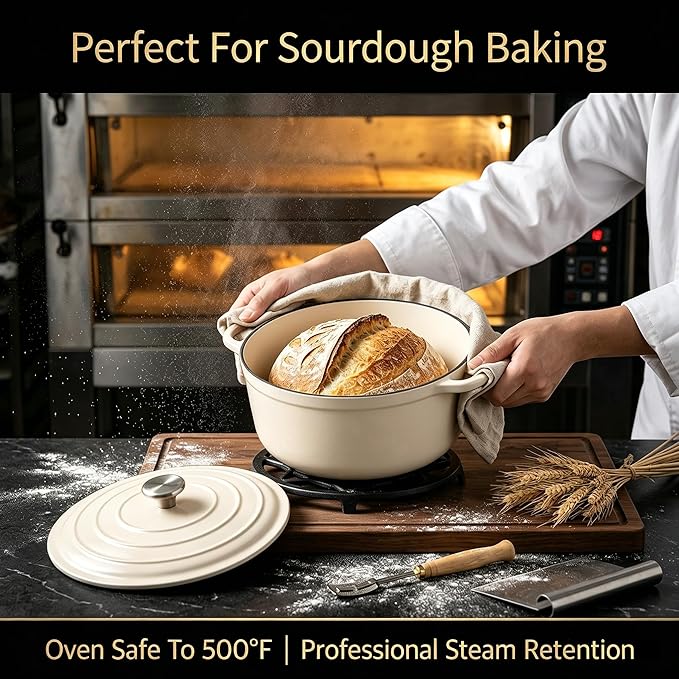 Nonstick Enameled Cast Iron Cookware Set - 8 Piece Pots and Pans with Lid, Frying Pan, Skillet, Dutch Oven Set for All Stovetops, Ideal for Sourdough Bread Baking, Cream White