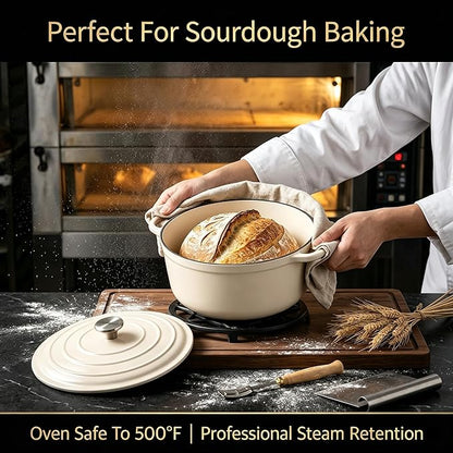 QuliMetal Nonstick Enameled Cast Iron Cookware Set, 5-Piece Pots and Pans Set with Lids, Skillet, Frying Pan, Saucepan & Dutch Oven for All Stovetops, PFOA Free, Ideal for Sourdough Bread Baking