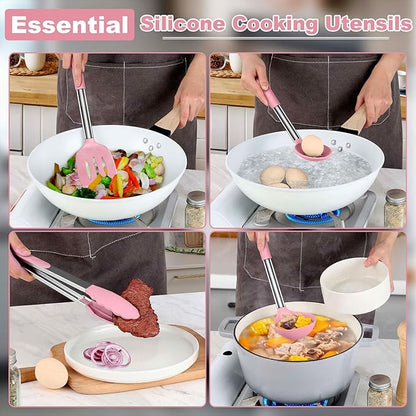 LIANYU Silicone Kitchen Utensils Set of 6, Cooking Utensils Spatula Set for Nonstick Cookware, Heat Resistant Kitchen Gadgets Tools, Stainless Steel Handle, Pink
