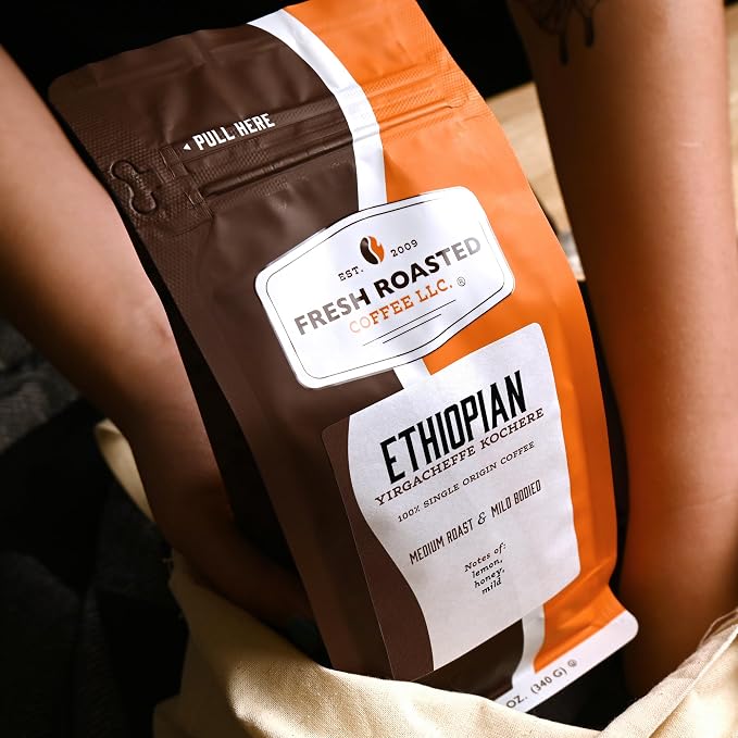 Fresh Roasted Coffee, Ethiopian Yirgacheffe Kochere, 12 oz, Medium Roast, Kosher, Ground