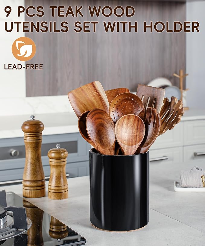Nucookery Wooden Cooking Utensils Set with Holder, Teak Wood Utensils, Ceramic Holder for Countertop with Protection Cork Bottom, Nonstick Spoons, Cooking Spatula Set, 10 Pcs Kitchen Decor, (Black)