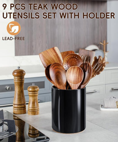 Nucookery Wooden Cooking Utensils Set with Holder, Teak Wood Utensils, Ceramic Holder for Countertop with Protection Cork Bottom, Nonstick Spoons, Cooking Spatula Set, 10 Pcs Kitchen Decor, (Black)