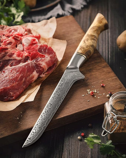 HEZHEN 6-Inch Boning Knife – 67 Layers Damascus Steel, Professional Meat Trimming & Deboning Knife for Home Cooking, Figured Sycamore Handle
