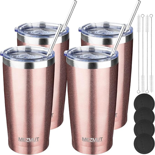 MEZMUT 20oz Tumbler Coffee Travel Mug with Lid and Straw, 4 Pack Stainless Steel Double Wall Vacuum Spill Proof Insulated Tumbler, Hot or Iced Coffee Cups for Drinks (4Pcs, Rose Gold)