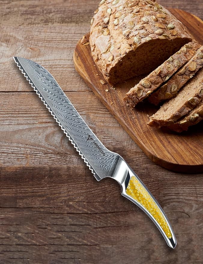 8 inch Serrated Bread Knife, Japanese VG-10 Damascus Steel Kitchen Knife, Ultra Sharp Bread Cutting Knife with Full-tang Handle in Yellow Resin, LA-S9 Series