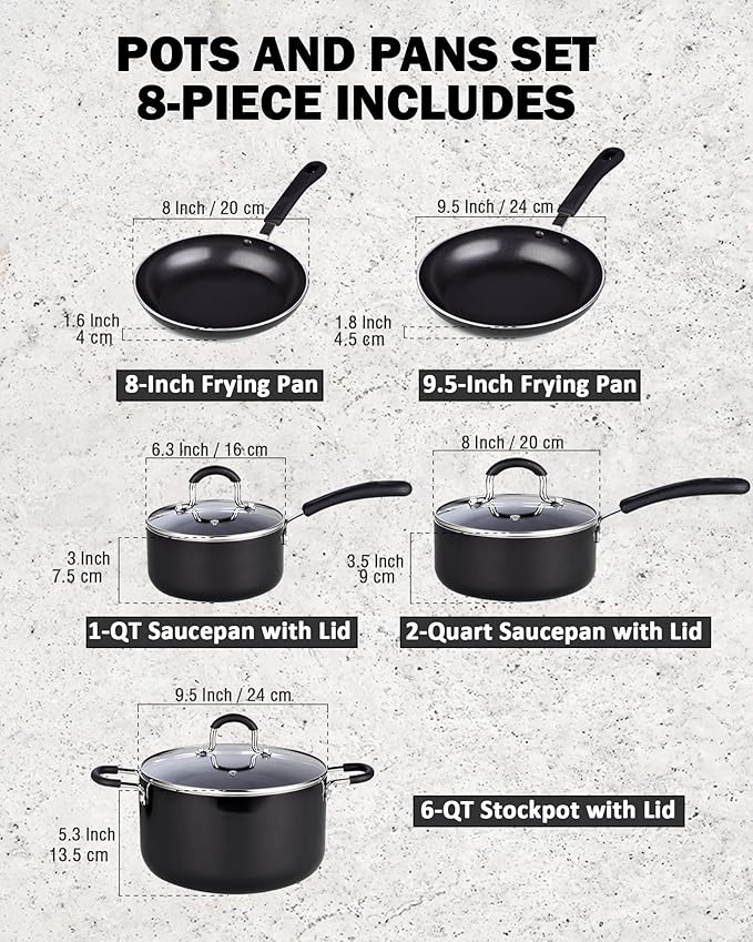 Cook N Home Professional Pots and Pans Kitchen Cookware Set - Includes Saucepans with Lid, Stockpot with Lid, Frying Pans, Heavy Nonstick, 8-Piece, Black
