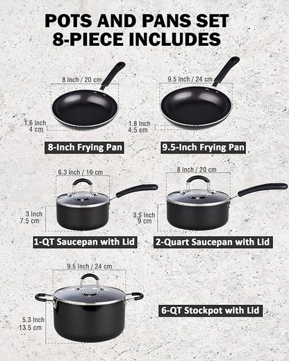 Cook N Home Professional Pots and Pans Kitchen Cookware Set - Includes Saucepans with Lid, Stockpot with Lid, Frying Pans, Heavy Nonstick, 8-Piece, Black