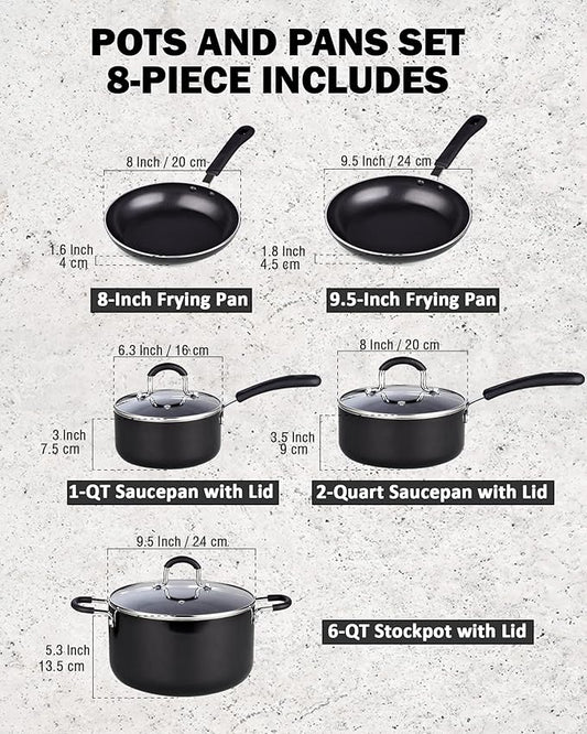 Cook N Home Professional Pots and Pans Kitchen Cookware Set - Includes Saucepans with Lid, Stockpot with Lid, Frying Pans, Heavy Nonstick, 8-Piece, Black