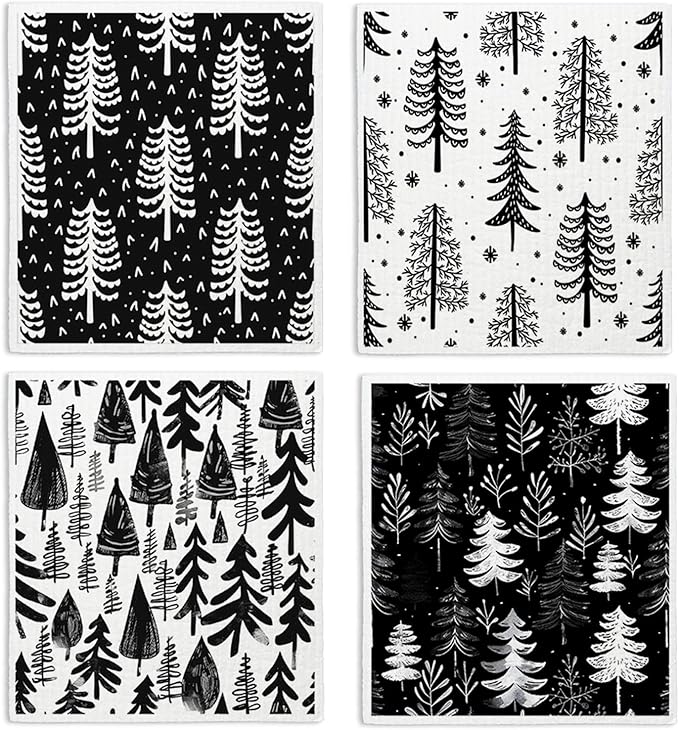 Christmas Pine Tree Swedish Dishcloths for Kitchen, Swedish Dish Cloths for Pine Tree, Black and White Christmas Towels, 4 Pack for Papaya Reusable Paper Towels Washable, Sponge Cloths